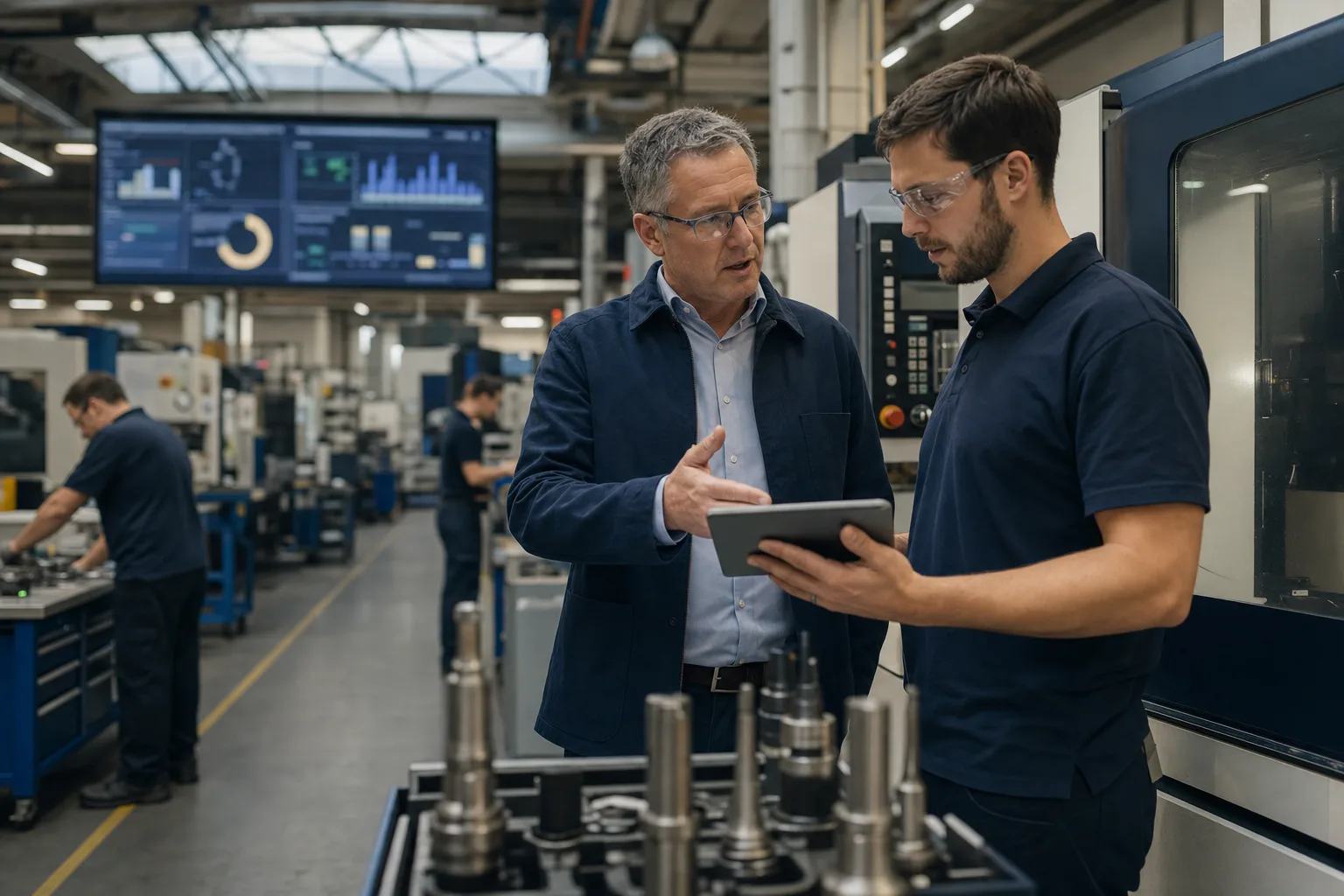 A plant manager and engineer in conversation over a tablet at a CNC machine on a modern manufacturing floor, with a production KPI display visible in the background.